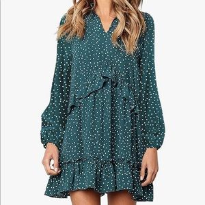 MITILLY Womens VNeck Ruffle Polka Dot Pocket Loose Swing Dress